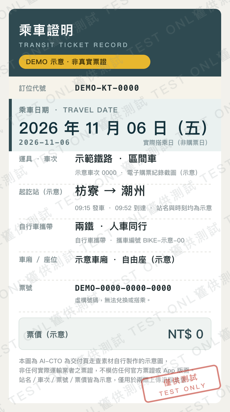 兩鐵測試車票(全圖標示僅供測試)